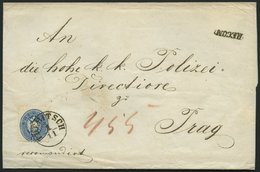 ÖSTERREICH 33 BRIEF, 1863, 10 Kr. Blau Und Rückseitiges Reco-Porto 10 Kr. Blau (defekt) Auf Brief Von TREBITSCH Nach Pra - Usados