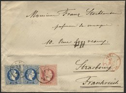 ÖSTERREICH 37/8I BRIEF, 1869, 5 Kr. Karmin Und 2x 10 Kr. Blau, Grober Druck, Auf Brief Von WIEN Nach Strasbourg, Leichte - Used Stamps