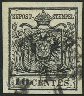 LOMBARDEI UND VENETIEN 2Ya O, 1854, 10 C. Schwarz, Maschinenpapier, Type III, K1, Pracht - Lombardy-Venetia