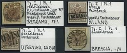 LOMBARDEI UND VENETIEN 4XaBrfStk, O, 1850, 30 C. Braun, Handpapier, Type I, Platte 1, 4 Werte Mit Verschiedenen Besonder - Lombardo-Veneto