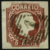 PORTUGAL 5 O, 1855, 5 R. Rotbraun, Glattes Haar, Nummernstempel 1, Falzhelle Punkte Im Oberrand Und Winzige Knitterspur, - Gebraucht