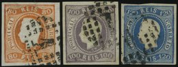 PORTUGAL 22-24 O, 1866/7, 80 - 120 R. Wertbänder In Geschweifter Form, Ungezähnt, 3 Prachtwerte, Mi. 340.- - Oblitérés