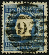 PORTUGAL 43xB O, 1876, 150 R. Mattblau, Gezähnt 121/2, Zentrischer Nummernstempel 93, üblich Gezähnt Pracht, Mi. 160.- - Usati