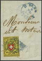 SCHWEIZ BUNDESPOST 8II BrfStk, 1850, 10 Rp. Schwarz/rot Auf Gelb, Type 23, Druckstein E (LO), Blaue Raute, Großes Pracht - 1843-1852 Poste Federali E Cantonali