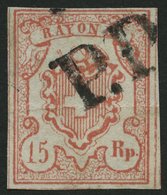SCHWEIZ BUNDESPOST 12 O, 1852, 15 Rp. Rot, Type 4, P.P., Waagerechter Bug Sonst Pracht - 1843-1852 Poste Federali E Cantonali