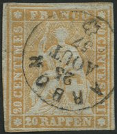 SCHWEIZ BUNDESPOST 16IIAzm O, 1855, 20 Rp. Gelborange, Seidenpapier, Berner Druck I., (Zst. 25F), Fingerhutstempel ARBON - 1843-1852 Correos Federales Y Cantonales