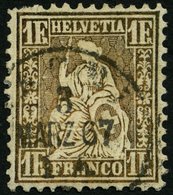 SCHWEIZ BUNDESPOST 28a O, 1863, 1 Fr. Goldbronze (gelblich), Feinst (kleine Zahnfehler), Mi. 420.- - 1843-1852 Federal & Cantonal Stamps