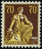 SCHWEIZ BUNDESPOST 108 *, 1908, 70 C. Schwärzlichrötlichbraun/hellchromgelb,, Falzreste, Pracht, Mi. 65.- - 1843-1852 Federal & Cantonal Stamps