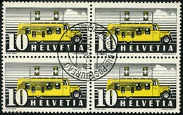 SCHWEIZ BUNDESPOST 311y VB O, 1937, 10 C. Postbus, Blaue Und Rote Fasern, Im Zentrisch Gestempelten Viererblock, Pracht - 1843-1852 Federal & Cantonal Stamps