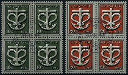 SCHWEIZ BUNDESPOST 443/4 VB O, 1945, Kriegsgeschädigte In Viererblocks Mit Zentrischen Ersttags-Sonderstempeln, Pracht - 1843-1852 Correos Federales Y Cantonales