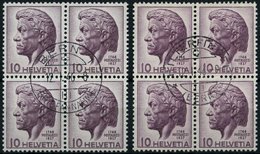 SCHWEIZ BUNDESPOST 469 VB O, 1946, 10 C. Pestalozzi, 2 Viererblocks Mit Zentrischen Ersttagsstempeln (Bern Und Hilterfin - 1843-1852 Federal & Cantonal Stamps