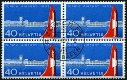 SCHWEIZ BUNDESPOST 585 VB O, 1953, Flughafen Zürich-Kloten Im Viererblock Mit Zentrischem Ersttagsstempel, Pracht - 1843-1852 Correos Federales Y Cantonales