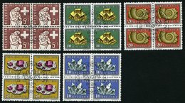 SCHWEIZ BUNDESPOST 657-61 VB O, 1958, Pro Patria In Viererblocks Mit Zentrischen Ersttagsstempeln, Prachtsatz - 1843-1852 Federal & Cantonal Stamps