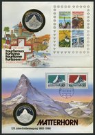 SCHWEIZ BUNDESPOST 820/1, Bl.25 BRIEF, 1990, 2 Münzbriefe: 125 Jahre Erstbesteigung Matterhorn Und 200 Jahre Tourismus, - 1843-1852 Federal & Cantonal Stamps