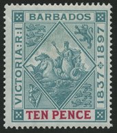 BARBADOS 60x *, 1897, 10 P. 60 Jahre Regentschaft, Weißes Papier, Falzreste, Herstellungsbedingte Gummiknitter, Pracht, - Barbades (1966-...)