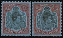 BERMUDA-INSELN 112a,b **, 1938/42, 2 Sh. 6 P. Rot/schwarz Auf Graublau Und Rot/schwarz Auf Blassblau, Gezähnt 14, Postfr - Bermudas