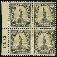 USA 277 VB **,* , Scott 566, 1922, 15 C. Freiheitsstatue Im Plattenviererblock, Die Beiden Unteren Werte Postfrisch, Pra - Autres & Non Classés