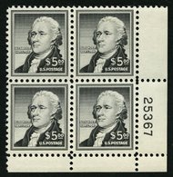 USA 675 VB **, Scott 1053, 1956, 5 $ Hamilton Im Unteren Rechten Eckrandviererblock Mit Plattennummer, Postfrisch, Prach - Altri & Non Classificati