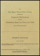 PHIL. LITERATUR Der Erb-Mann-Thron-Lehen-Vertrag Zwischen Dem Königreich Württemberg Und Dem Fürstlichem Hause Von Thurn - Filatelia E Historia De Correos