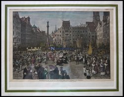 MÜNCHEN: Fronleichnamsprozession Auf Dem Alten Schrannenplatz (Marienplatz), Kolorierter Holzstich Nach Hagn Um 1880 - Lithographies