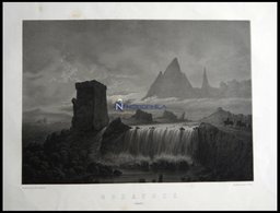 GODAFOSS (Godafoss), Wasserfall Bei Mondschein, Lithographie Mit Tonplatte Von Alexander Nay Nach Emanuel Larsen Bei Emi - Lithographien