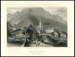 Dorf SPLÜGEN, Gesamtansicht Mit Dekorativer Personenstaffage Im Vordergrund, Stahlstich Von Bartlett/Wallis, 1836 - Litografía