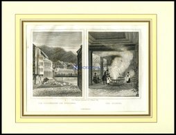 KARLSBAD: Die Colonnaden Des Sprudels Und Der Sprudel, 2 Ansichten Auf Einem Blatt, Stahlstich Von Poppel, 1840 - Lithographies