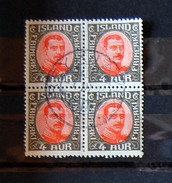 Islande - 1920 King Christian X - Bloc Of 4 Used - Oblitérés