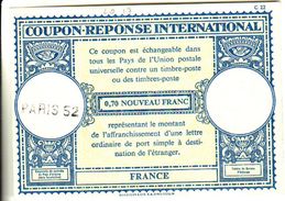 Coupon-réponse France 0,70 Nouveau Franc - Modèle Lo 17- Griffe Paris 52 - CRI IAS IRC - Reply Coupons