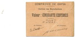 Billet Tunisie - Compagnie De Gafsa 50 Cinquante Centimes,  Daté Du 10 Fevrier 1916 Plusieurs Plis RRR - Tusesië