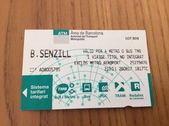 Ticket De Métro B.SENZILL *, ATM Barcelone (Espagne) (type 5 - LOT BD5) - Europe