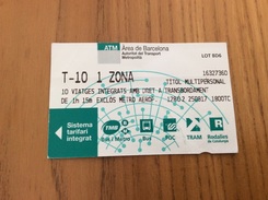 Ticket De Métro * T10 1 ZONA, ATM Barcelone (Espagne) (type LOT BD6) - Europe
