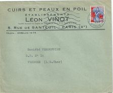 4044 PARIS Enveloppe Entête Ets Léon VINOT Cuirs Et Peaux En POIL  Marianne à La Nef 0,25 F Yv 1234 Ob 19 7 1960 - Textile & Clothing