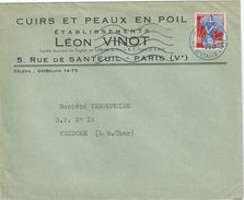 4044 PARIS Enveloppe Entête Ets Léon VINOT Cuirs Et Peaux En POIL  Marianne à La Nef 0,25 F Yv 1234 Ob 19 7 1960 - Vestiario & Tessile