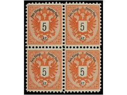 **/* AUSTRIA. Mi.46 (4). 1883. 5 Kr. Red, Perf. 10 1/2. Block Of Four, Three Stamps Never Hinged. (Netto +1.330€). - Altri & Non Classificati