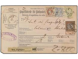 AUSTRIA. Mi.45, 47, 49. 1890. WIEN To ITALY. PARCEL RECEIPT Franked With 3 Kr. Green, 10 Kr. Blue And 50 Kr. Lilac. Fine - Other & Unclassified
