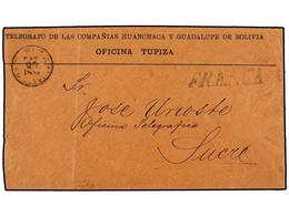 BOLIVIA. 1888 (20 Mayo). TUPIZA A SUCRE. Sobre TELÉGRAFOS DE LAS COMPAÑIAS HUANCHACA Y GUADALUPE DE BOLIVIA. OFICINA TUP - Andere & Zonder Classificatie