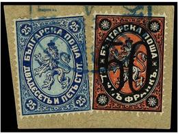 BULGARIA. Mi.24+3. 1884. 25 Cts. And 50 On 1 Fr.  On Piece, Blue Cancel. FINE. - Andere & Zonder Classificatie