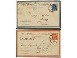 CHILE. 1881. 2 Enteros Postales De 3 Ctvos. Rojo Y 4 Cts. Azul Circulados A Alemania. - Autres & Non Classés
