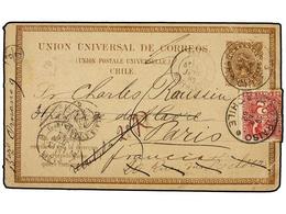 CHILE. Sc.26. 1882. VALPARAISO A PARÍS. Entero Postal De 2 Ctvos. Castaño Con Franqueo Adicional De 2 Cts. Rojo, Pliegue - Autres & Non Classés