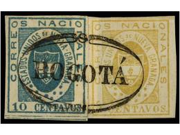 ° COLOMBIA. Yv.11 Y 12. 1861. 5 Ctvos. Amarillo Y 10 Ctvos. Azul. Ejemplares Sueltos, Mat. BOGOTA. MAGNÍFICOS. - Autres & Non Classés