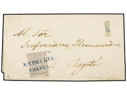 COLOMBIA. Sc.46. 1868 (13 Enero). MEDELLIN A BOGOTA. 10 Cts. Lila, Mat. Ovalado MEDELLIN/FRANCA En Azul. Cert. B. MOORHO - Other & Unclassified