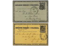 COLOMBIA. 1884. Dos Enteros Postales De 2 Ctvos. Negro S. Crema Y Negro S. Gris Circulados A USA. - Autres & Non Classés