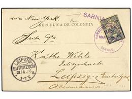 COLOMBIA. 1905. Tarjeta Circulada A ALEMANIA. 20 Ctvos. Azul, Mat.HAMBURG-AMERIKA LINIE Y Lineal Del Paquebot ´SARNIA´. - Autres & Non Classés