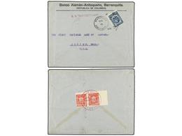 COLOMBIA. 1924. BARRANQUILLA A U.S.A. 3 Ctvos. Azul, Mat. NEW YORK/PAQUEBOT Y Marca Lineal S.S. BRIDGTOWN Al Dorso Sello - Other & Unclassified