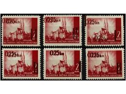 ** CROACIA. Mi.82 Var. 1942. 0,25 K. On 2 K. Brown Red. 6 Stamps DOUBLE OVP. - Other & Unclassified