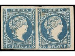 * CUBA. Ed.Ant. 7F(2). 1/2 Real Azul, Pareja FALSO POSTAL (Graus Tipo I, Guerra Tipo VI). Cert. SORO. - Other & Unclassified