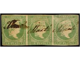 ° CUBA. Ant.8F. 1 Real Verde. FALSO POSTAL Tipo III (Guerra Tipo I). Tira De Tres. Mat. Manuscrito ´Marti´. - Other & Unclassified