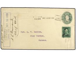 CUBA. 1899 (12-Oct.). HABANA A KANSAS (USA). Entero Postal De 1 Cto. Verde Y Sello De 1 Cto. Verde USA De La Ocupacion, - Autres & Non Classés
