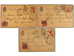 CUBA. 1902. 3 Tarjetas Postales Circuladas En El Interior De LA HABANA Con Sello De 2 Cts. Rojo Bisectado, No Aceptado Y - Autres & Non Classés
